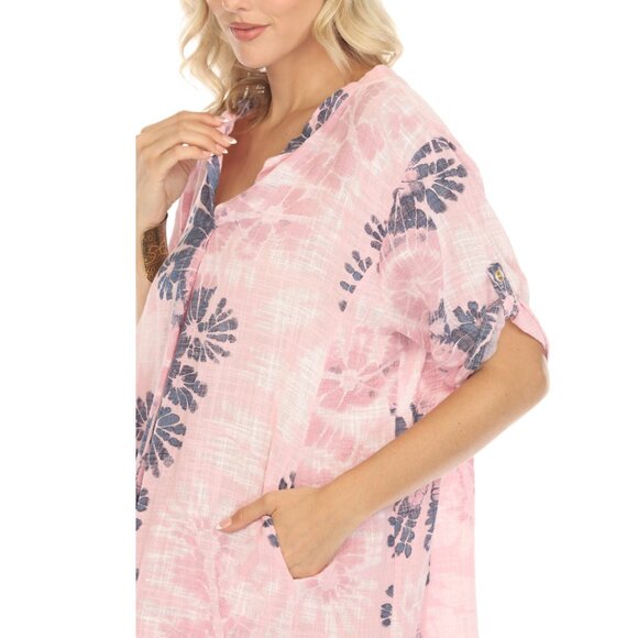 Light Pink Print Button Up Sleeves Pockets Dress - Picture 6 of 6